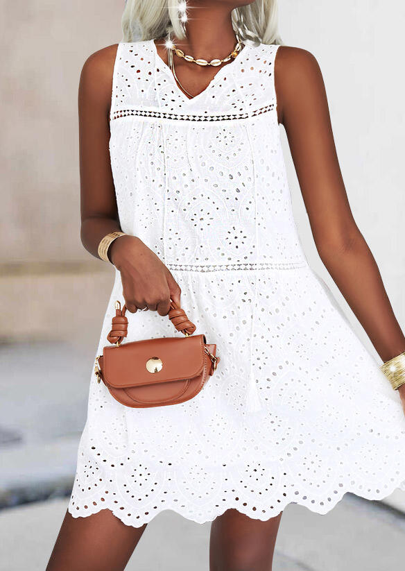 Mini Dresses Lace Hollow Out Tassel Sleeveless Mini Dress in White. Size: S
