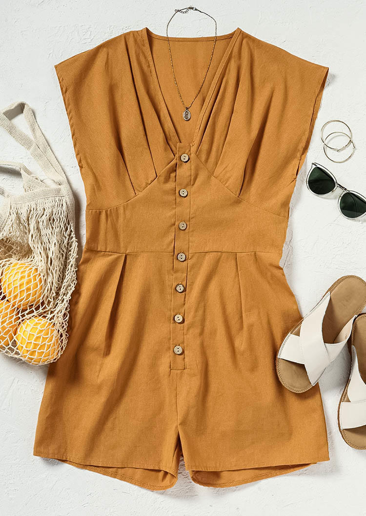 Jumpsuits & Rompers Ruffled Button Short Sleeve Romper in Camel. Size: S,M,L,XL