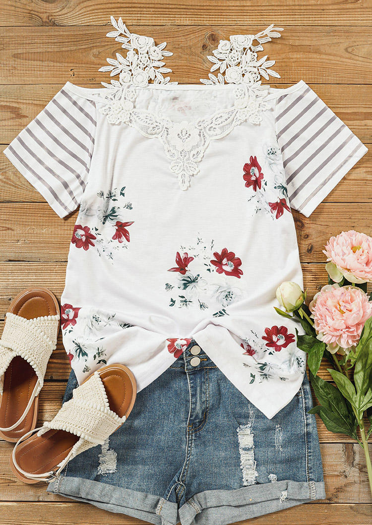 Blouses Floral Striped Lace Splicing Cold Shoulder Blouse in White. Size: L,M