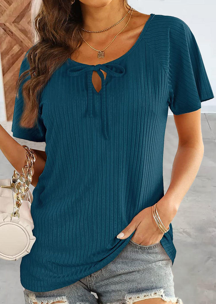 Blouses Hollow Out Tie Short Sleeve Blouse in Deep Blue. Size: S,M,XL