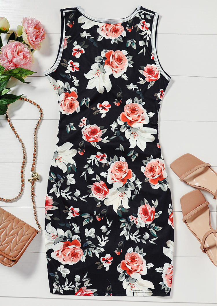 Floral Striped Twist Hollow Out Bodycon Dress - Black