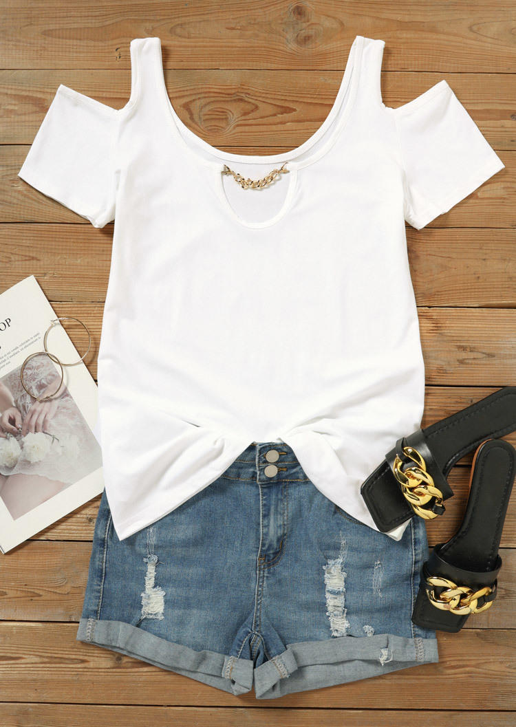 

Blouses Chain Cold Shoulder Hollow Out Blouse in White. Size