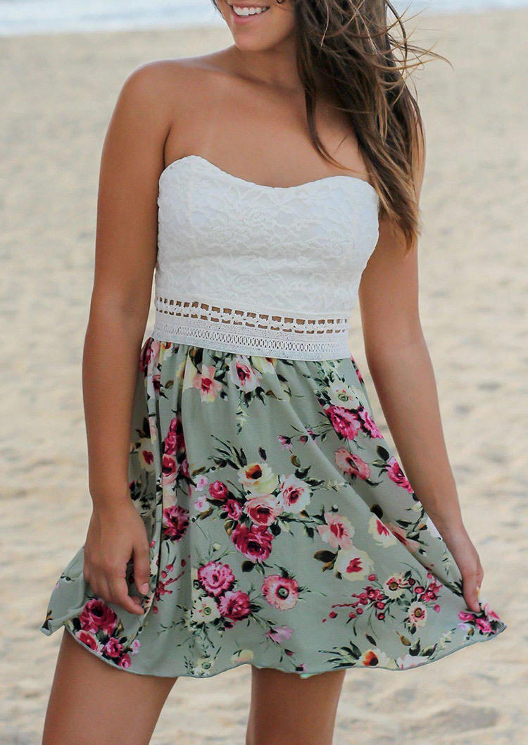 Lace Floral Strapless Bandeau Mini Dress - White