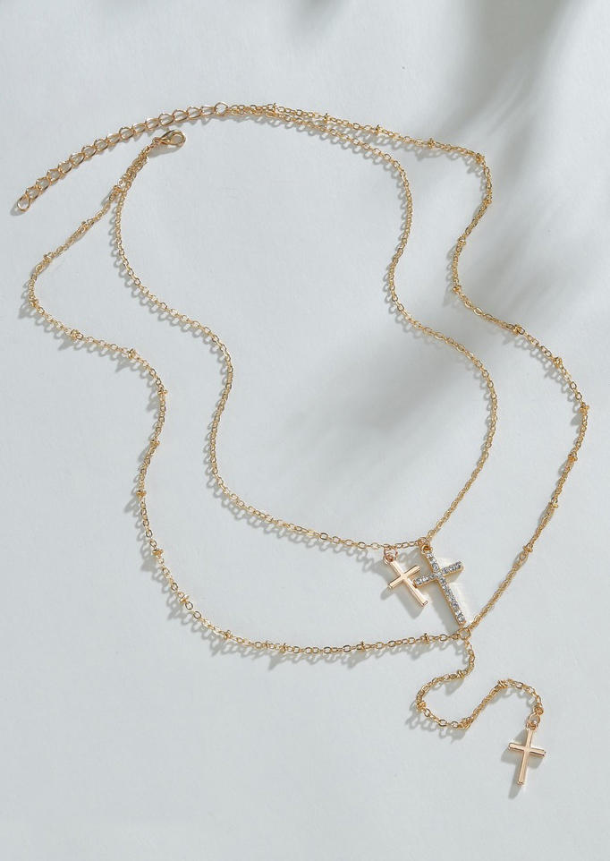 

Necklaces Rhinestone Cross Dual-Layered Alloy Pendant Necklace in Gold. Size