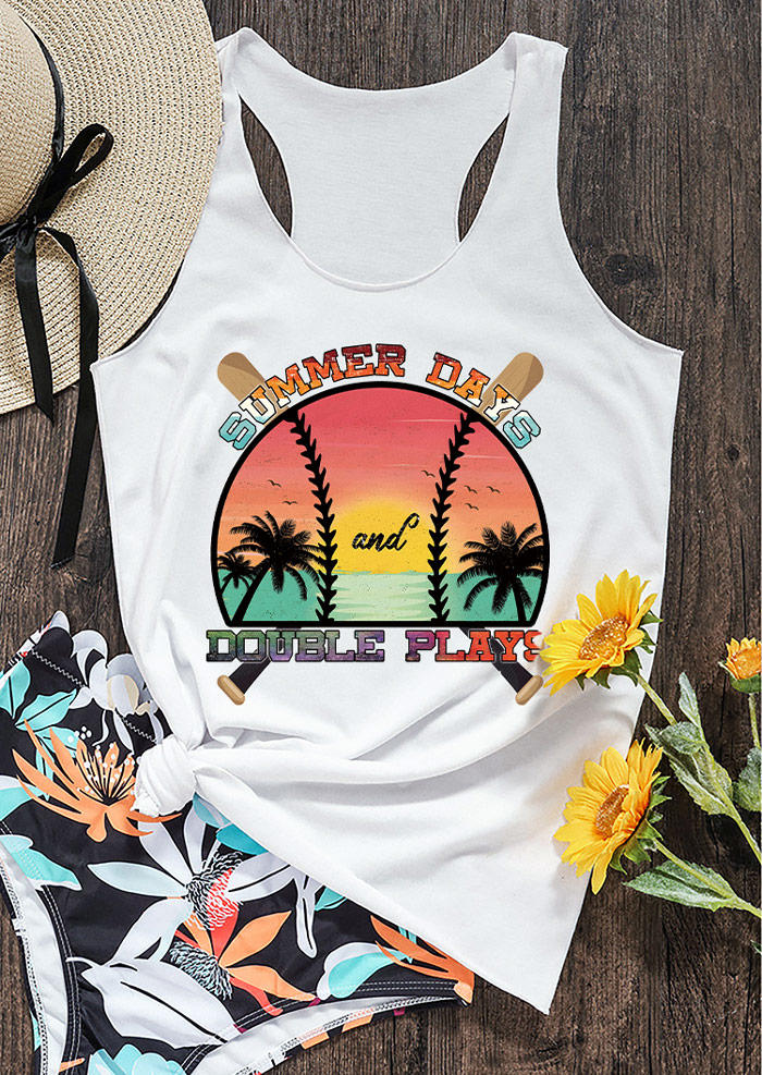 Tank Tops Summer Days And Double Plays Racerback Tank Top in White. Size: S,M,L,XL