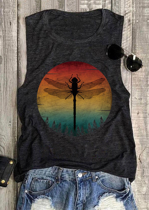 Dragonfly Sunset O-Neck Tank - Dark Grey