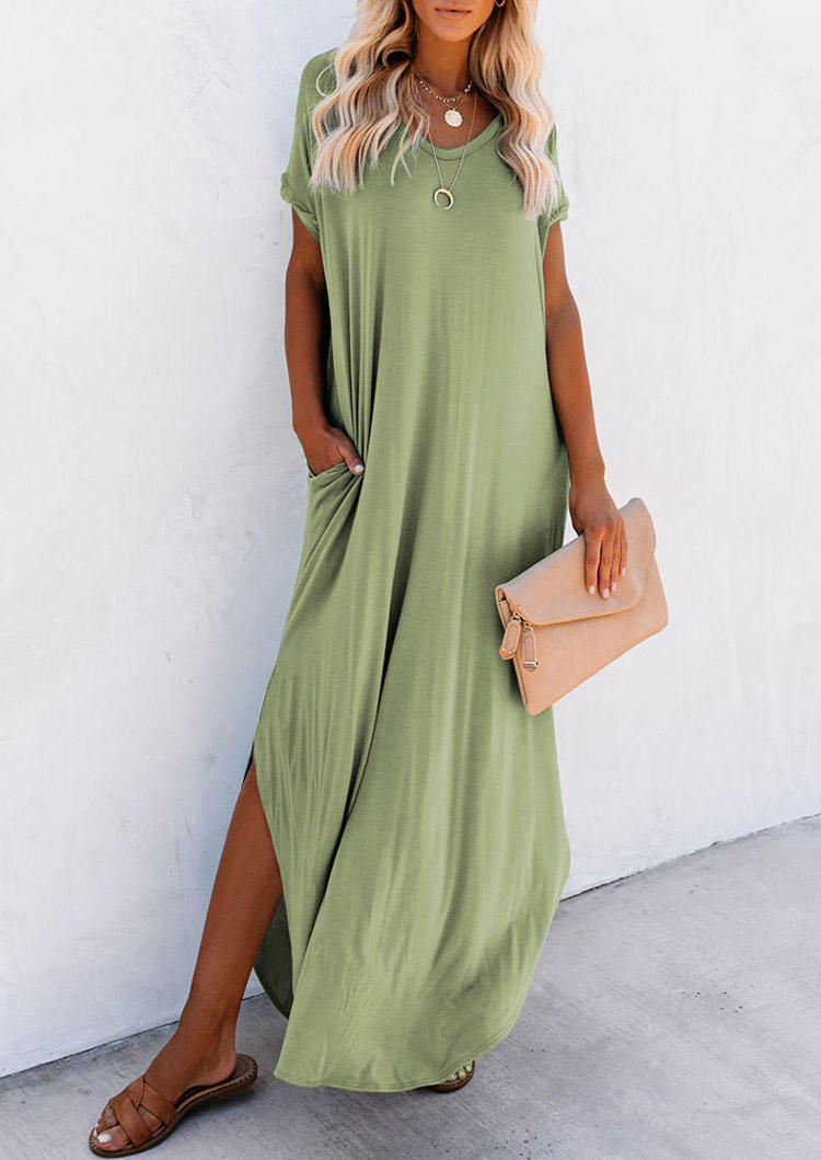 Maxi Dresses Ruffled Slit Pocket Maxi Dress in Green. Size: M