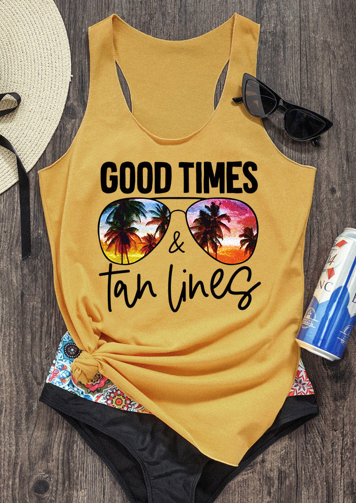 

Tank Tops Good Times & Tan Lines Sunglasses Racerback Tank Top in Yellow. Size: ,M,L,XL