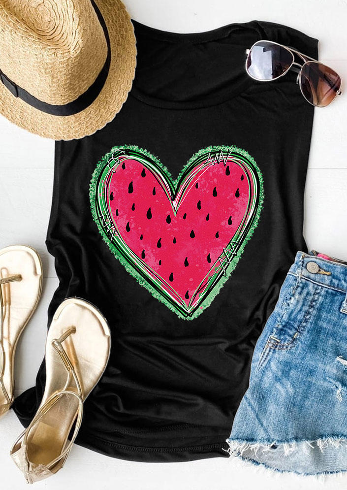 Tank Tops Watermelon Heart O-Neck Tank Top in Black. Size: L