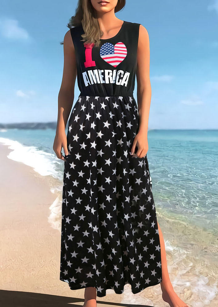 

Maxi Dresses I Love America Flag Star Slit Maxi Dress in Black. Size