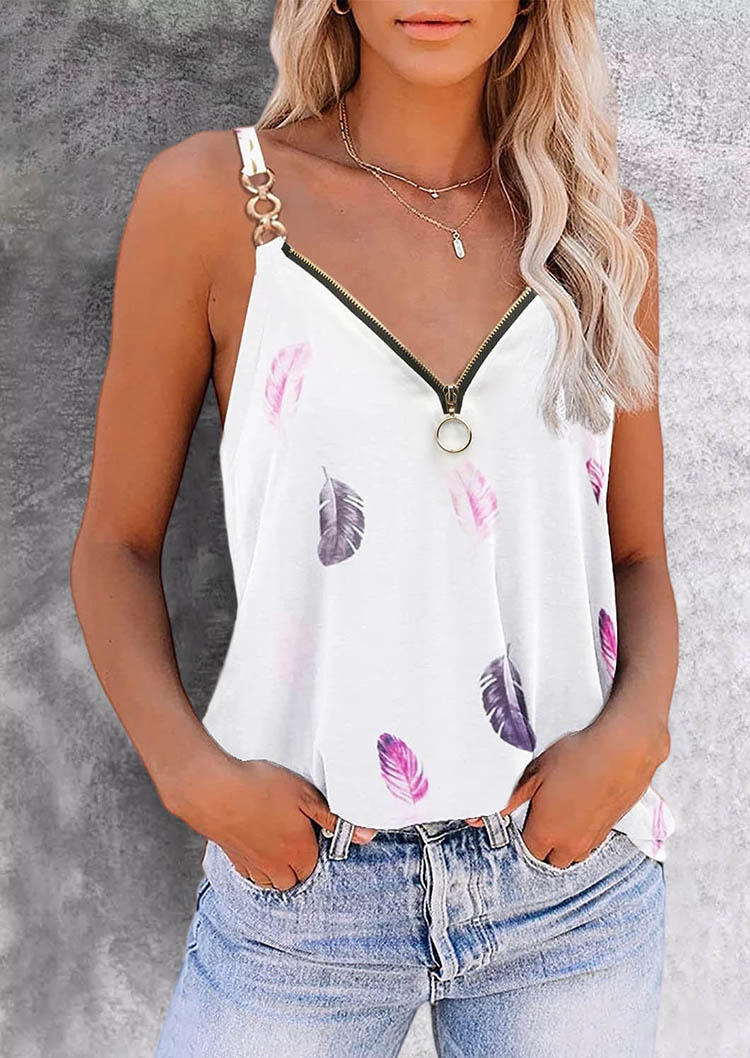 Tank Tops Feather Metal Zipper Chain Strap Camisole in White. Size: XL