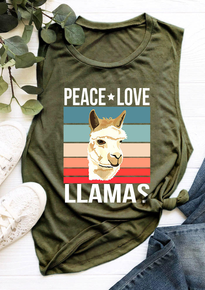 Tank Tops Peace Love Llamas Alpaca Tank Top - Army Green in Green. Size: L