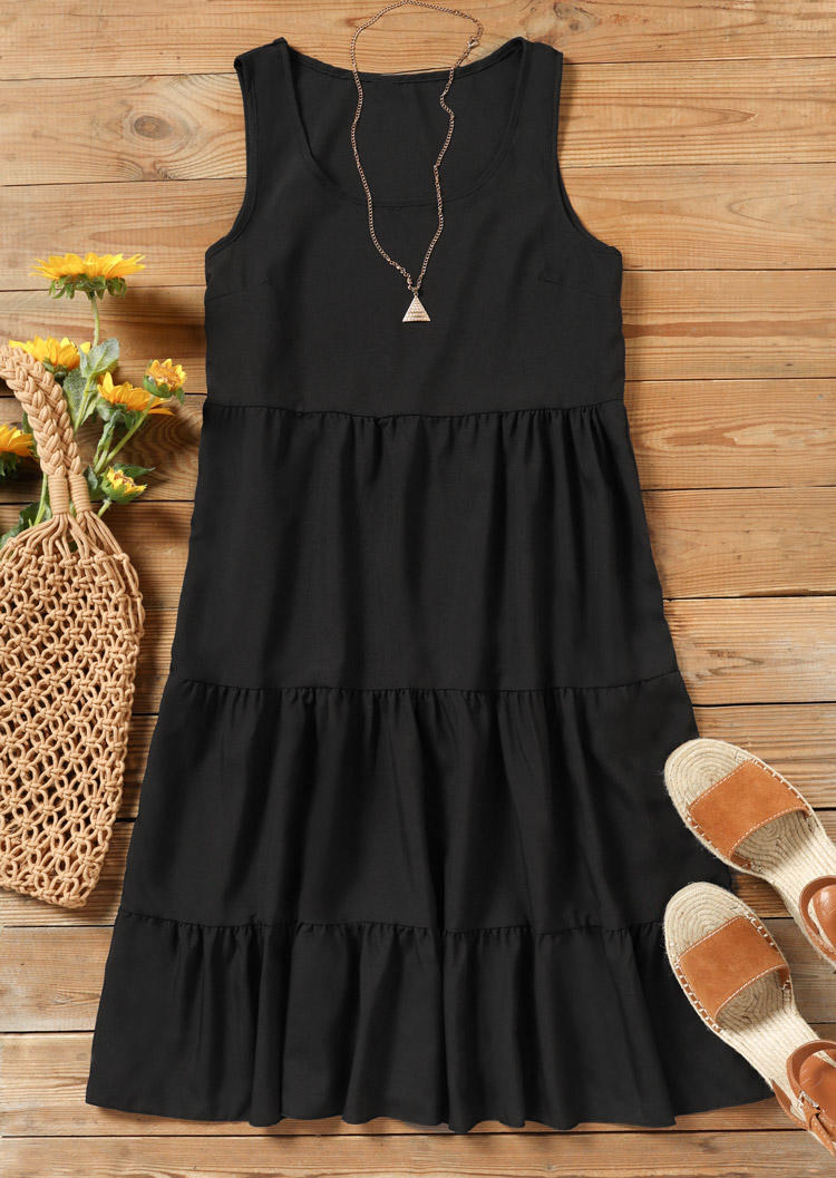 Ruffled O-Neck Mini Dress - Black
