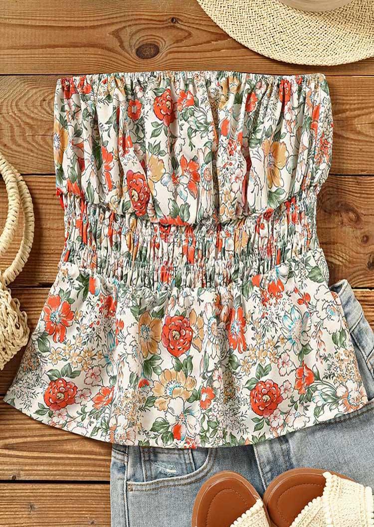 

Tank Tops Floral Smocked Ruffled Strapless Bandeau Tank Top in Multicolor. Size