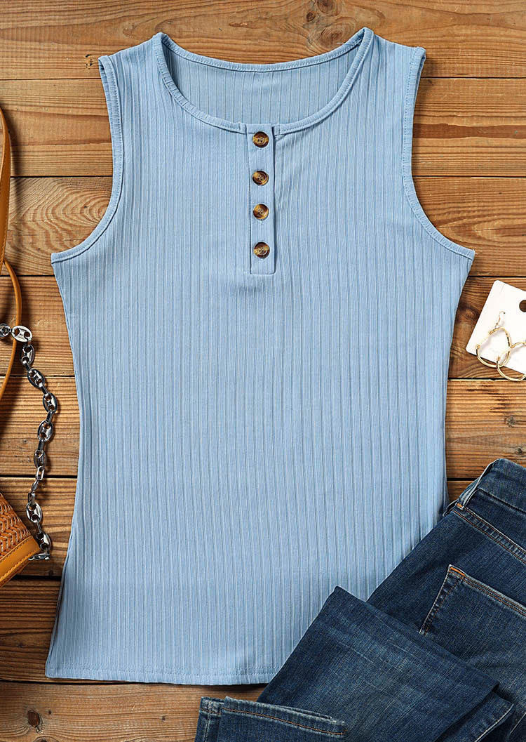Tank Tops Ribbed Button Casual Tank Top - Sky Blue in Blue. Size: XL