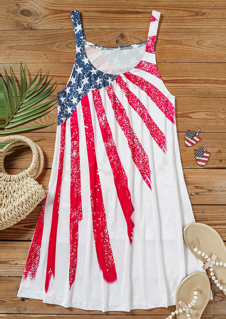 American Flag Star Spaghetti Strap Mini Dress - White