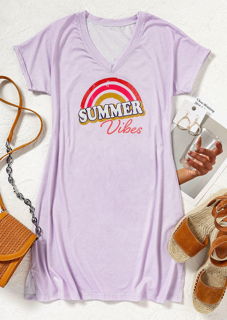 Mini Dresses Summer Vibes Rainbow V-Neck Mini Dress in Purple. Size: L,M,S,XL