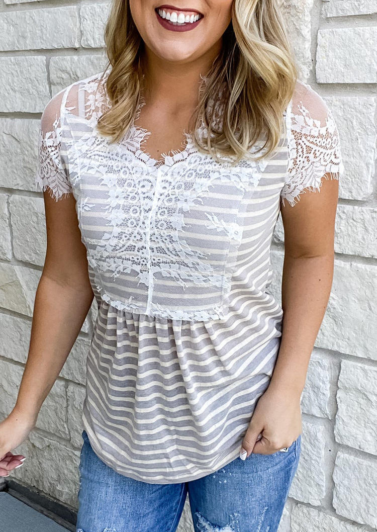 Lace Striped Ruffled Blouse