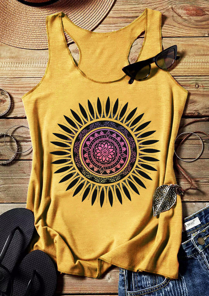 

Tank Tops Floral O-Neck Racerback Casual Tank Top in Yellow. Size: ,L