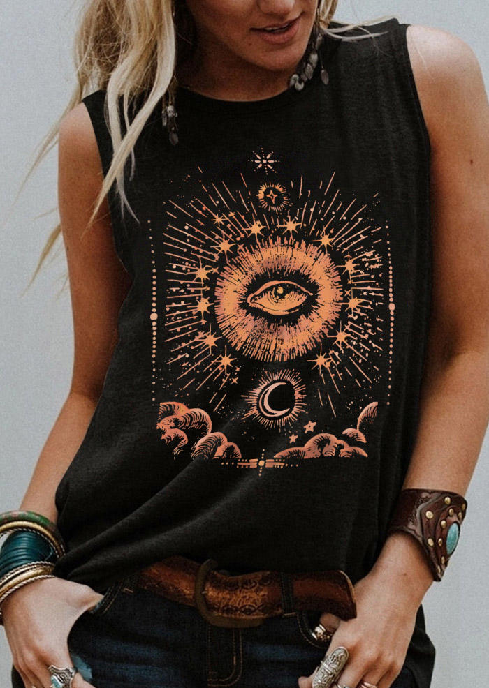 

Tank Tops Sun Moon Star Eye O-Neck Tank Top in Black. Size