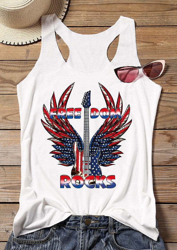 

Tank Tops Freedom Rocks Guitar American Flag Racerback Tank Top in White. Size