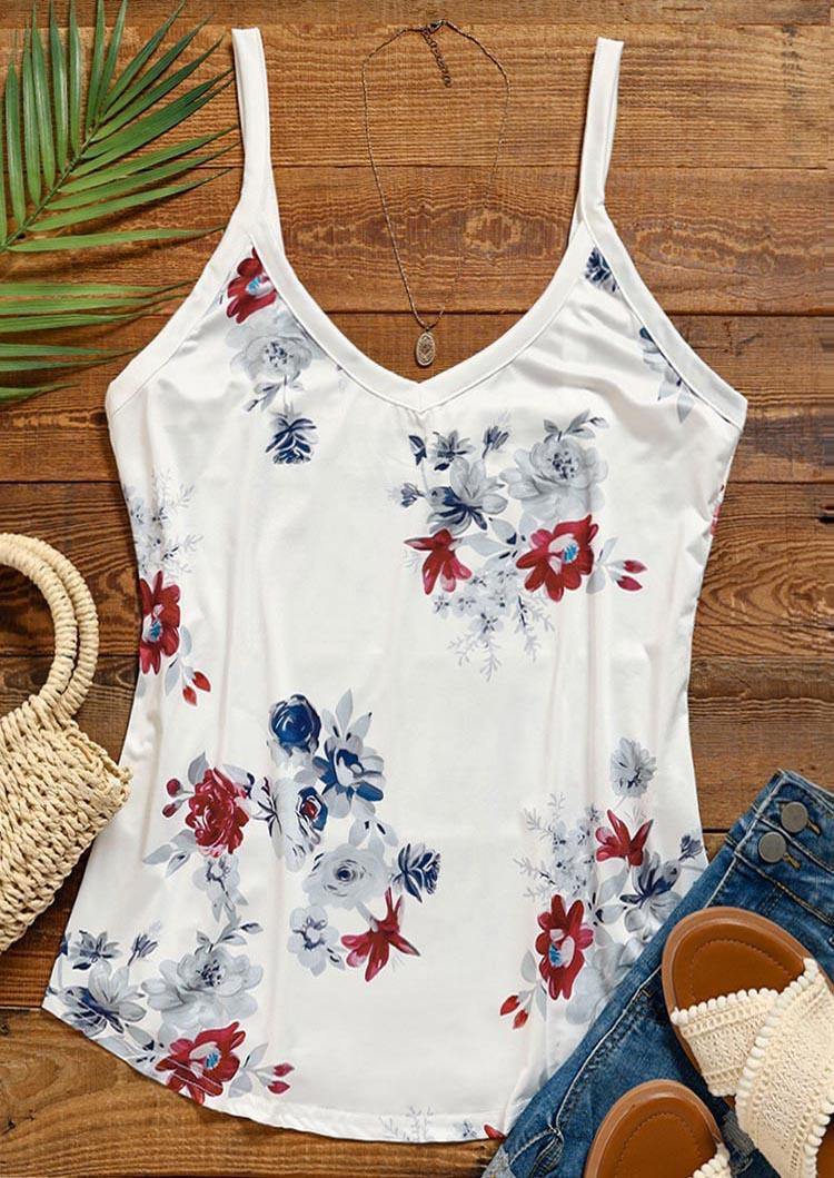 

Tank Tops Floral V-Neck Casual Camisole in White. Size