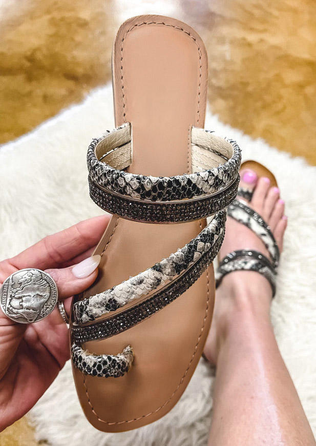 

Slippers Snake Skin Rhinestone Toe Ring Flat Slippers in Snake. Size: ,38,39,40,41