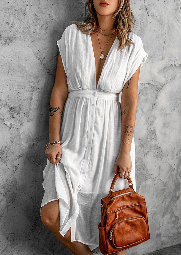 

Midi Dresses Button Ruffled V-Neck Midi Dress in White. Size