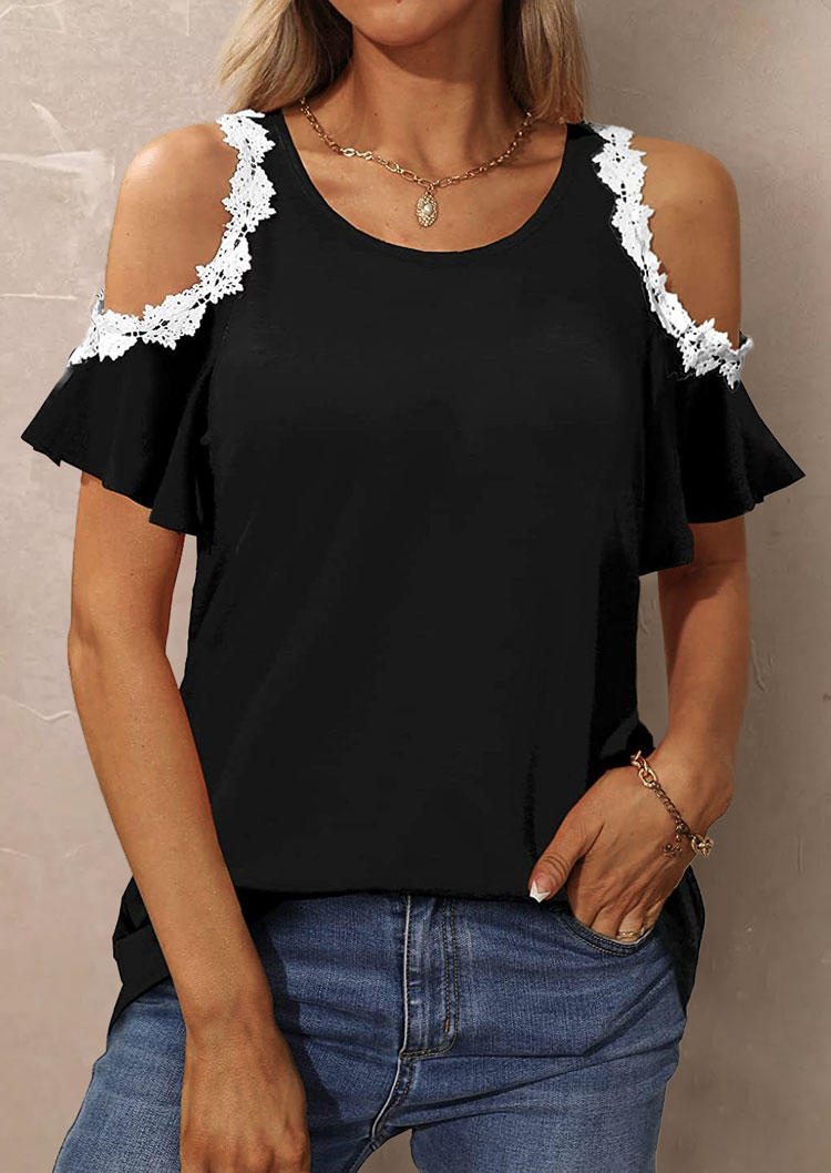 

Blouses Lace Cold Shoulder Blouse in Black. Size