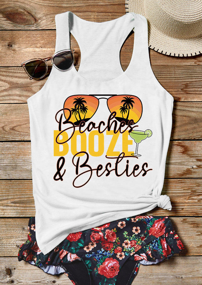 Beaches Booze & Besties Sunglasses Racerback Tank - White