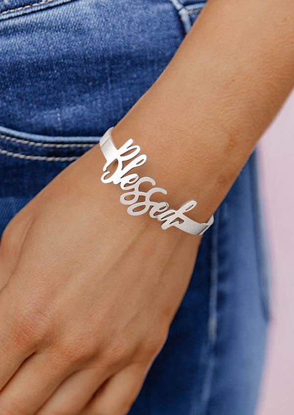 

Bracelet Blessed Hollow Out Stainless Steel Open Bracelet in Silver. Size
