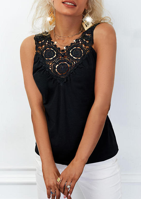 Tank Tops Lace Splicing Ruffled Tank Top in Black. Size: S