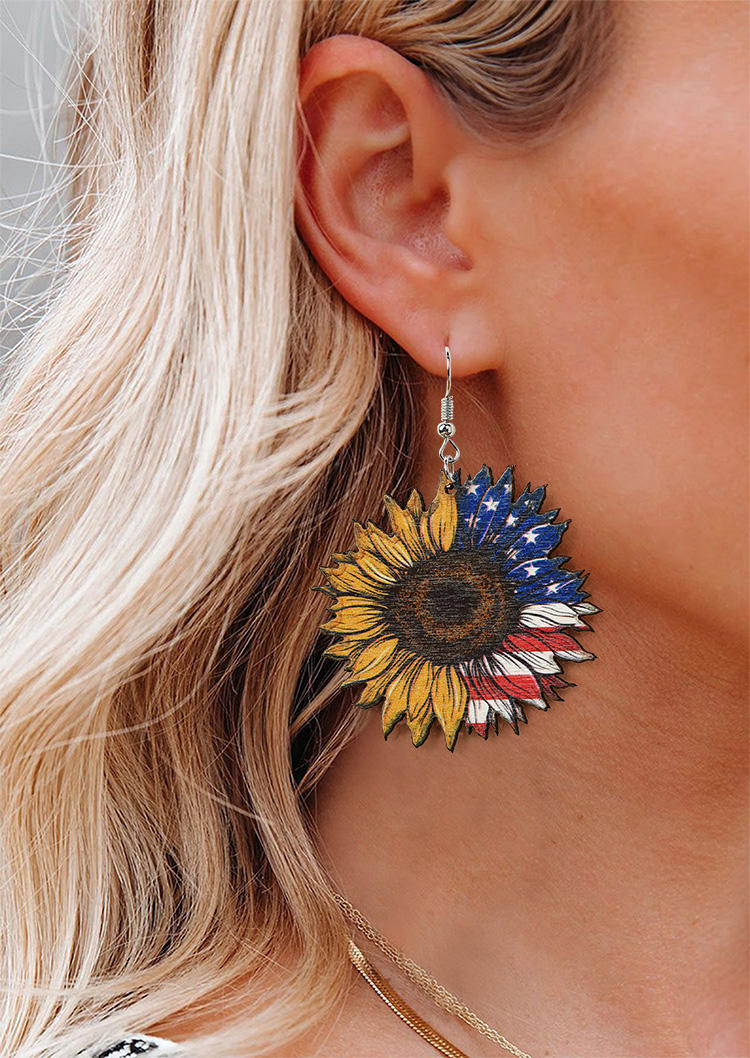 Earrings American Flag Sunflower Wood Earrings in Multicolor. Size: One Size