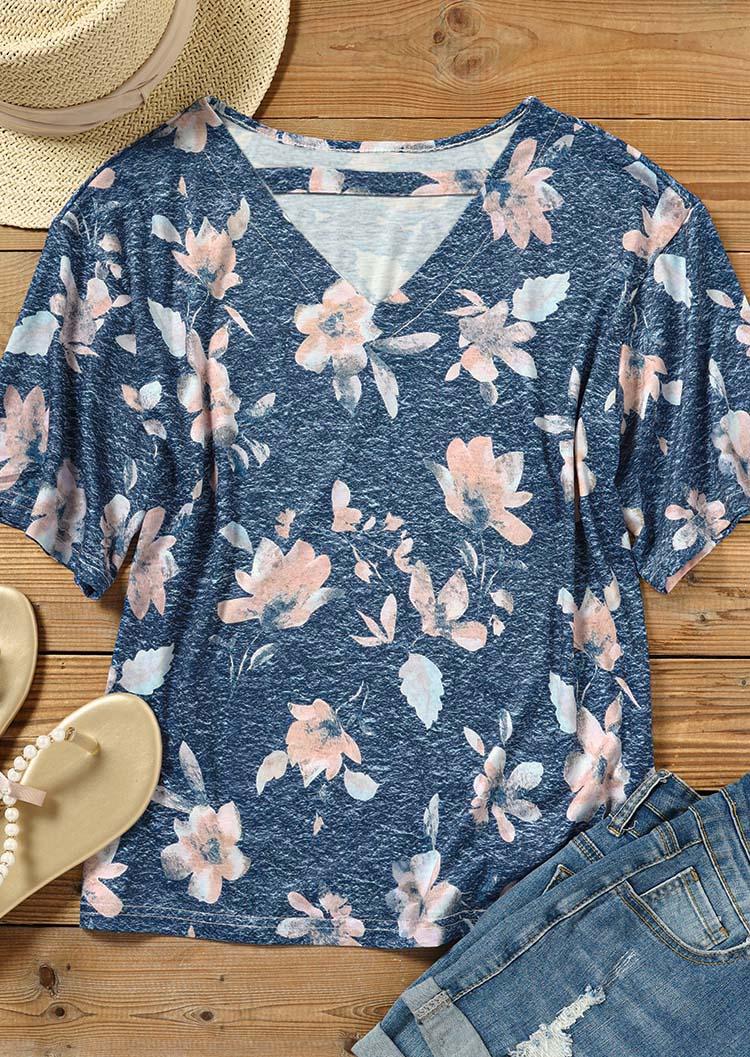

Blouses Floral Keyhole Neck Casual Blouse in Multicolor. Size