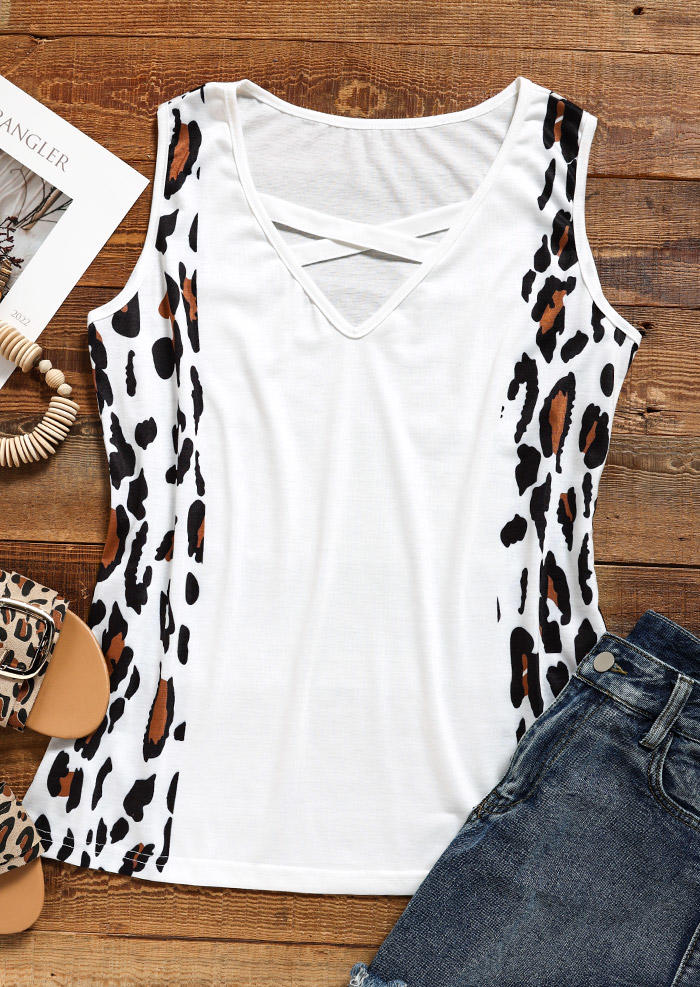 Tank Tops Leopard Criss-Cross Hollow Out Tank Top in White. Size: XL