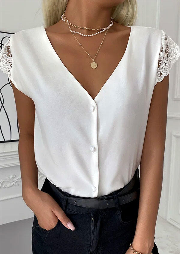 Blouses Lace Splicing Button Open Back V-Neck Blouse in White. Size: S