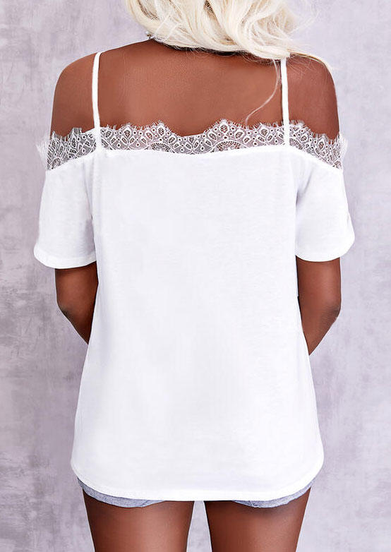 

Blouses Lace Splicing Cold Shoulder Blouse in White. Size