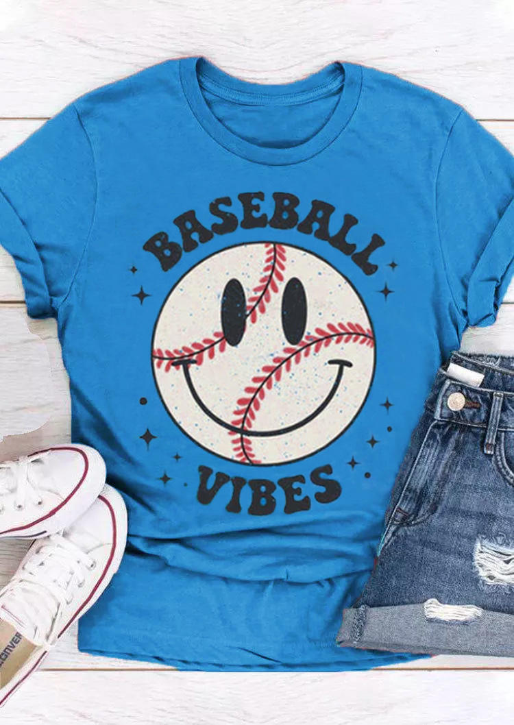 Baseball Vibes Smiley T-Shirt Tee - Blue