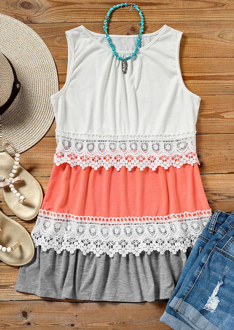 

Tank Tops Color Block Lace Splicing O-Neck Tank Top in Multicolor. Size