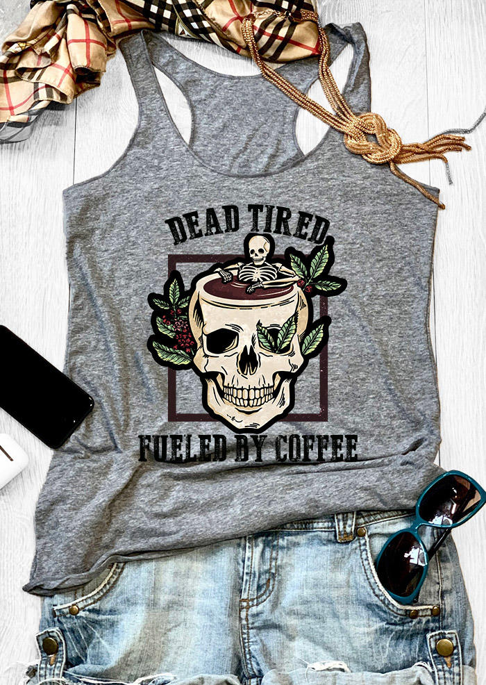 Tank Tops Dead Tired Fueled By Coffee Skull Racerback Tank Top in Gray. Size: S,M,L,XL