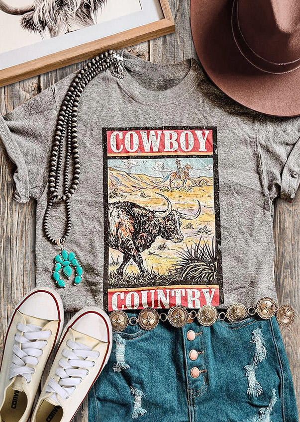 T-shirts Tees Cowboy Country Buffalo O-Neck T-Shirt Tee in Gray. Size: S,M,L