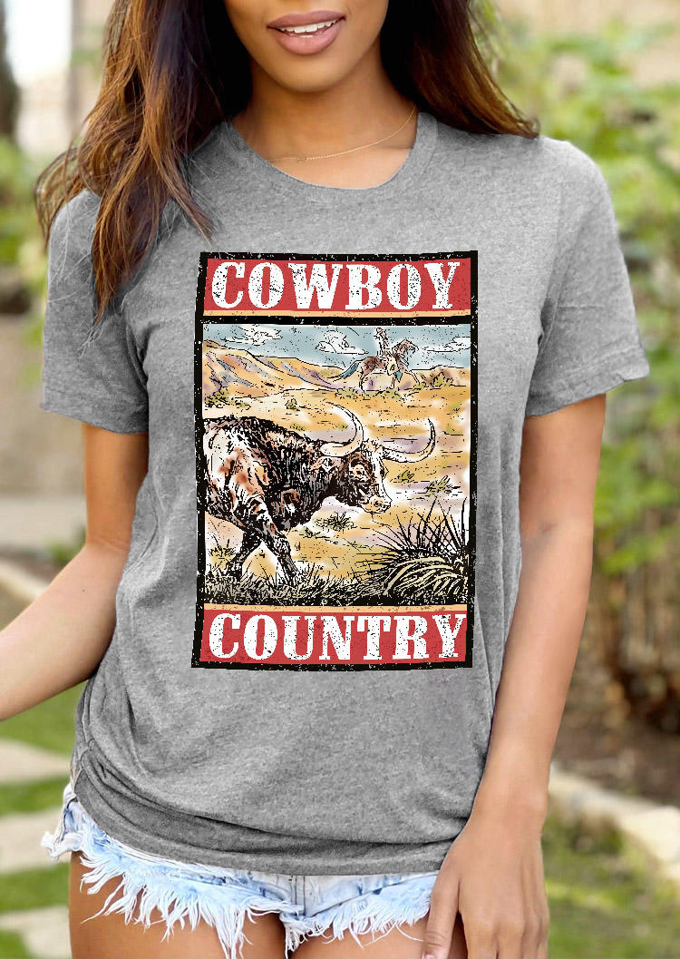 Cowboy Country Buffalo O-Neck T-Shirt Tee - Gray