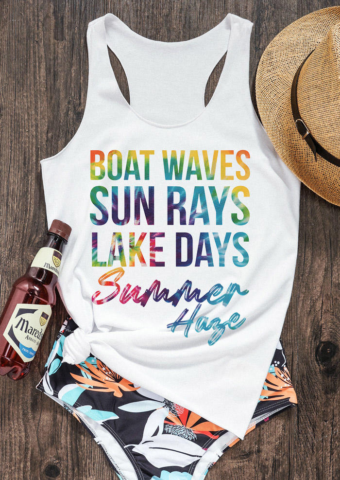 Tank Tops Boat Waves Sun Rays Lake Days Summer Haze Tie Dye Racerback Tank Top in White. Size: S,M,L,XL