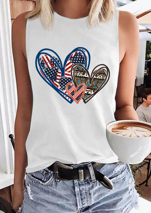 Heart American Flag Leopard Turquoise Tank - White