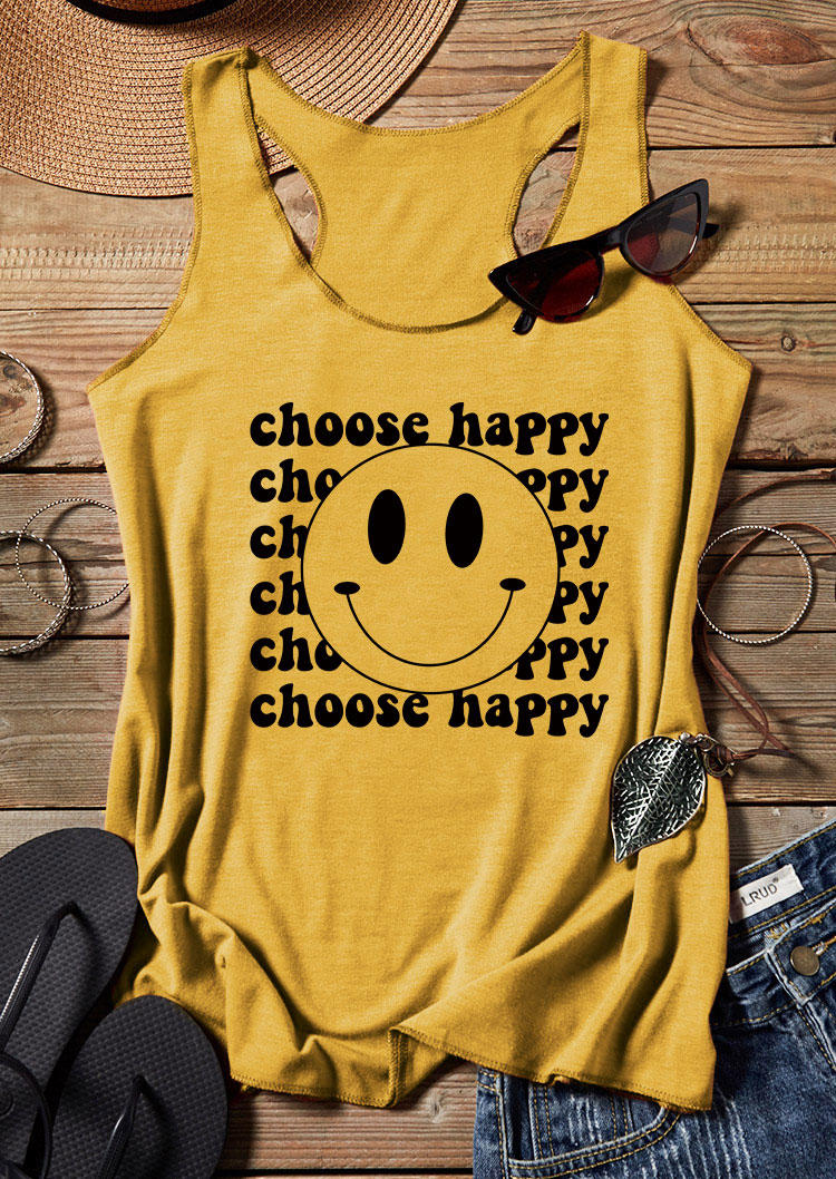 Tank Tops Choose Happy Smiley Racerback Tank Top in Yellow. Size: M,L,XL