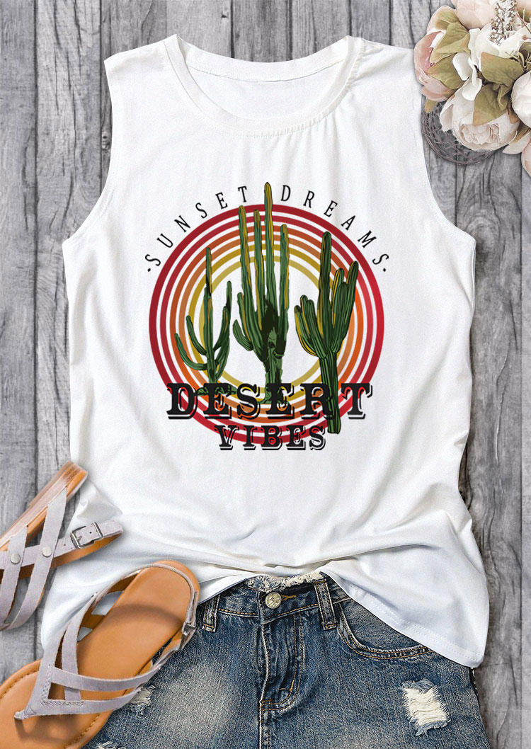 Tank Tops Sunset Dreams Desert Vibes Cactus Tank Top in White. Size: L