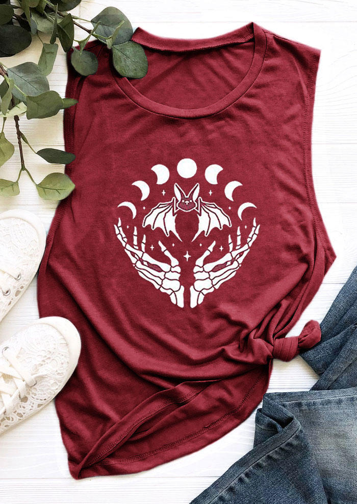 Tank Tops Moon Star Skeleton Hand Tank Top - Burgundy in Red. Size: M