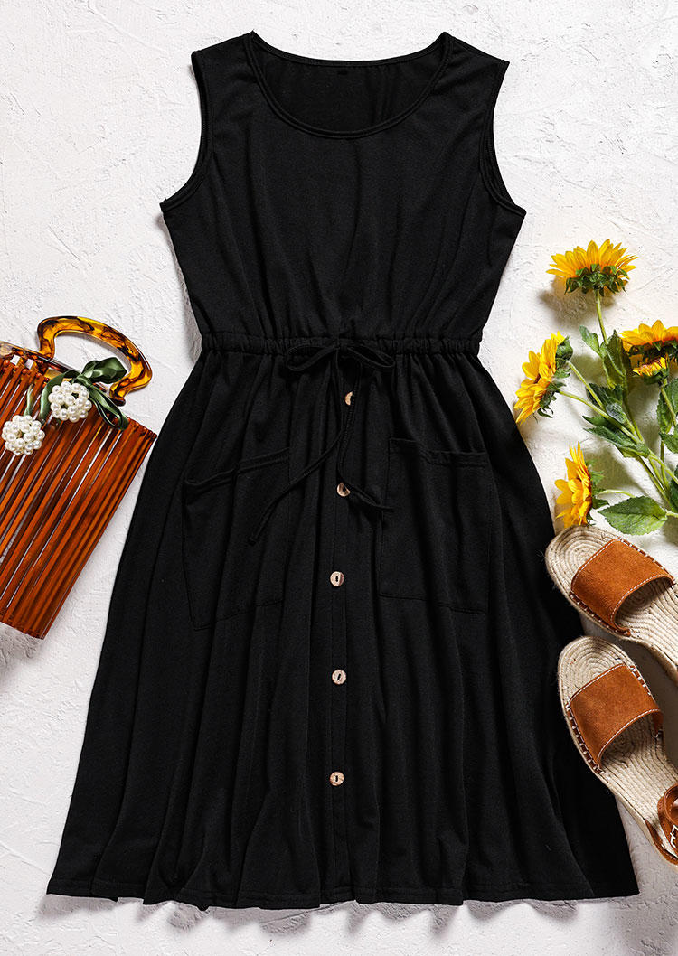 Mini Dresses Ruffled Button Pocket Drawstring Mini Dress in Black. Size: L,M,XL