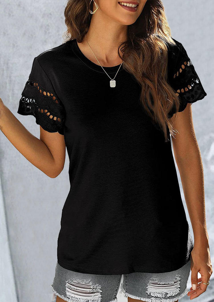 Hollow Out Lace Ruffled Blouse - Black
