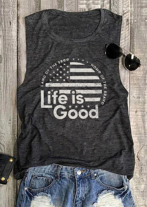 Tank Tops Life Is Good Land Of The Free Home Of The Brave American Flag Tank Top - Dark Grey in Gray. Size: L